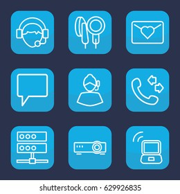 Communication icon. set of 9 outline communication icons such as call, chat, operator, microphone, laptop signal, router, love letter, server