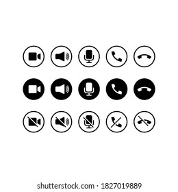 Communication icon set in black. Camera, sound, microphone, phone and call button. Vector EPS 10. Isolated on white background