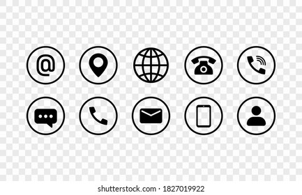 Communication Icon Set In Black. Email, Location, Internet, Phone, Call, Chat, Message, Contacts Sign. Vector EPS 10. Isolated On Transparent Background