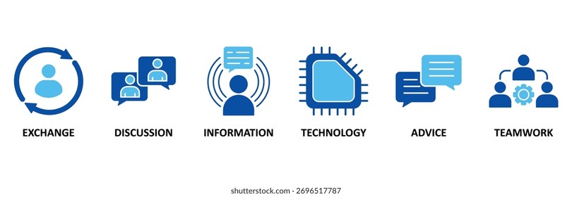 Ícone de comunicação definido em estilo azul, Ilustração de vetor para troca, discussão, informações, tecnologia, aconselhamento e trabalho em equipe
