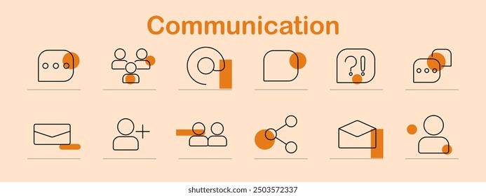 Communication icon set. Chat bubble, group, at symbol, speech bubble, question mark, email, user addition, mail, share, message, contact, networking, conversation, social media, interaction, online