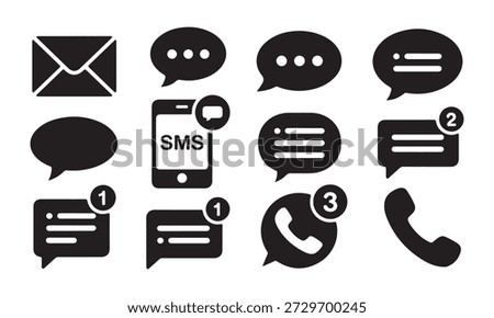 Communication icon set with chat bubbles, SMS, phone call and notification symbols. Perfect for mobile apps, call centers, customer support and UI design.