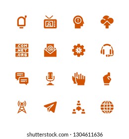 communication icon set. Collection of 16 filled communication icons included Earth grid, Network, Telegram, Antenna, Hand, Clap, Microphone, Chat, Headset, Settings, Email, Domain