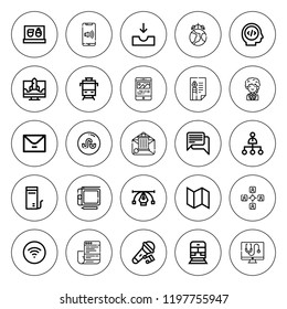 Communication icon set. collection of 25 outline communication icons with call center, computer, chat, contract, email, earth, laptop, map, microphone icons. editable icons.