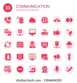 communication icon set. Collection of 30 filled communication icons included Phone, Server, Cloud, World, Translation, Internet, Screen, Router, Like, Friendship, Browser, Customer