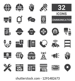 communication icon set. Collection of 32 filled communication icons included Pin, Whiteboard, Post office, Browser, Url, Skills, Hand palm, Megaphone, Antenna, Train, Computer