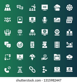communication icon set. Collection of 36 filled communication icons included Laptop, Algorithm, Link, Antenna, Phone call, Cloud computing, Website, Internet, Brainstorming, Smart tv