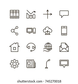 Communication icon set. Collection of high quality outline phone pictograms in modern flat style. Black email symbol for web design and mobile app on white background. Media line logo.