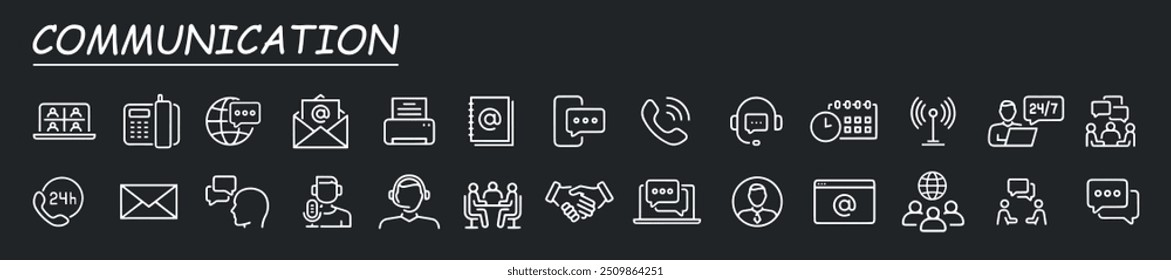 Communication icon set. Set of contact and support thin line icons. Contains icons as phone call, customer, 24 hrs, email, faq and more.