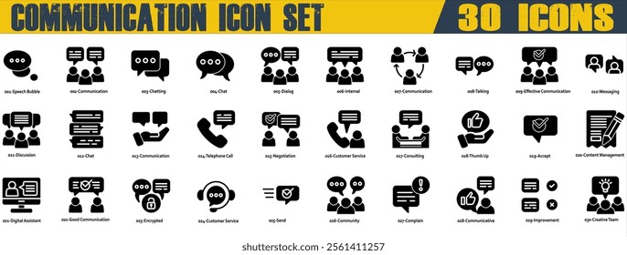 Communication icon set. Containing Chat,Chatting,Complain,Consulting,Customer Service,Dialog,Discussion,Good Communication,Messaging,Negotiation,Speech Bubble,Talking and Telephone Call. Solid Style