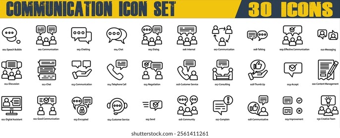 Communication icon set. Containing Chat,Chatting,Complain,Consulting,Customer Service,Dialog,Discussion,Good Communication,Messaging,Negotiation,Speech Bubble,Talking and Telephone Call. Outline