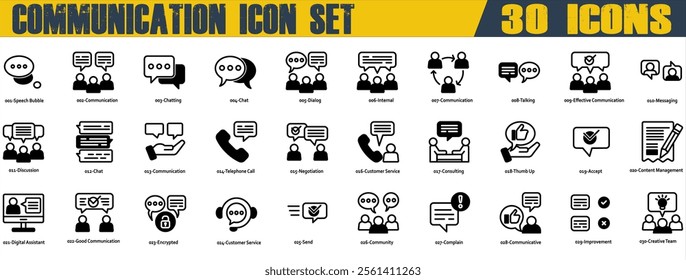 Communication icon set. Containing Chat,Chatting,Complain,Consulting,Customer Service,Dialog,Discussion,Good Communication,Messaging,Negotiation,Speech Bubble,Talking and Telephone Call. Mixed