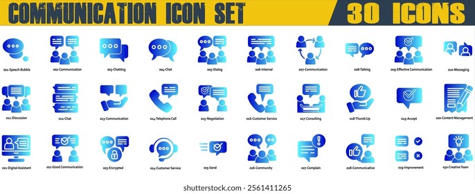 Communication icon set. Containing Chat,Chatting,Complain,Consulting,Customer Service,Dialog,Discussion,Good Communication,Messaging,Negotiation,Speech Bubble,Talking and Telephone Call.Solid Gradient