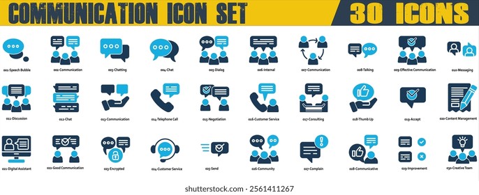 Communication icon set. Containing Chat,Chatting,Complain,Consulting,Customer Service,Dialog,Discussion,Good Communication,Messaging,Negotiation,Speech Bubble,Talking and Telephone Call. Duotone
