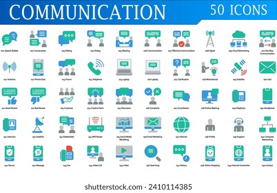 Symbol für Kommunikation gesetzt. Mit Unterhaltung, Gespräch, Dialog, Sitzung, Kommunikation, Signal, Antenne, Forum, Telefon, Beschwerde, Diskussion, Mail, Internet und Support. Farbensymbolkollektion