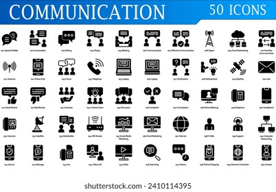 Conjunto de iconos de comunicación. Conteniendo conversación, conversación, diálogo, reunión, comunicación, señal, antena, foro, teléfono, queja, discusión, correo, internet y soporte. Colección de estilo sólido