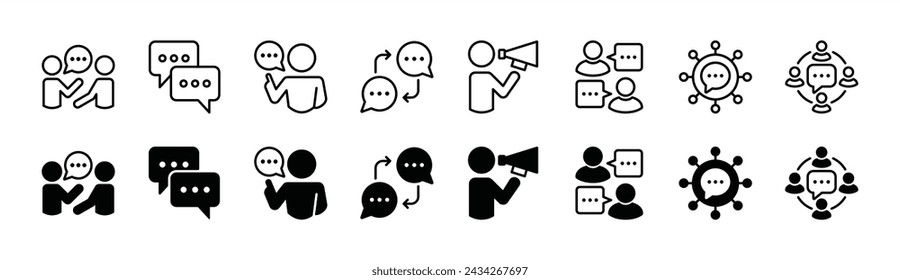 Conjunto de iconos de comunicación. Conteniendo discusión, chat, bocadillo de voz, habla, charla, mensaje de redes sociales, conexión, orador, diálogo, foro. Ilustración de vector