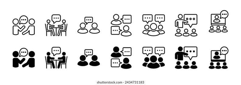 Conjunto de iconos de comunicación. Conteniendo Discusión, reunión, chat, burbuja de voz, aprendizaje, diálogo, curso en línea, comentario, conversación, mensaje social de medios, foro. Ilustración de vector
