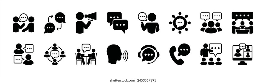 Communication icon set. Containing discussion, speech bubble, talk, chat, meeting, advice, opinion, voice, phone, announce, campaign, network, social media, learning. Vector illustration