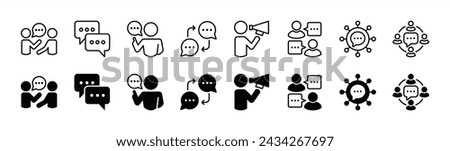 Communication icon set. Containing discussion, chat speech bubble, speak, talk, social media message, connection, speaker, dialogue, forum. Vector illustration