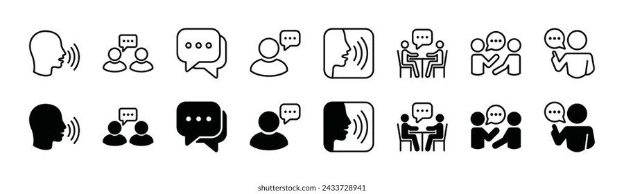 Communication icon set. Containing speak, talk, chat, discussion, speech bubble, meeting, advice, opinion, voice control, and comment. Vector illustration