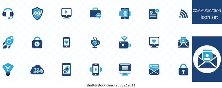 Communication icon set. Containing speak, phone, mail, contact, chat, website, satellite, radio, antenna, message and more.
