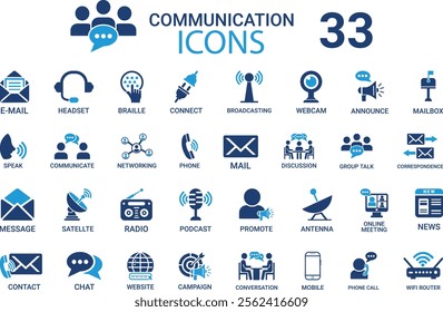 Communication icon set. Containing speak, phone, mail, contact, chat, website, satellite, radio, antenna, message and more. Solid icons collection, vector illustration.