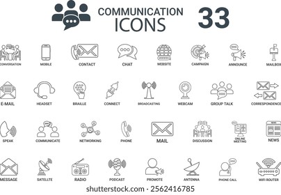 Communication icon set. Containing speak, phone, mail, contact, chat, website, satellite, radio, antenna, message and more. Solid icons collection, vector illustration.