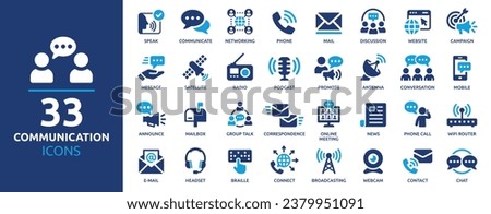 Communication icon set. Containing speak, phone, mail, contact, chat, website, satellite, radio, antenna, message and more. Solid icons collection, vector illustration.