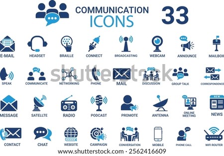 Communication icon set. Containing speak, phone, mail, contact, chat, website, satellite, radio, antenna, message and more. Solid icons collection, vector illustration.