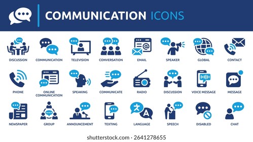Communication icon set. Conversation, message, contact, announcement, email, phone, television, radio, speaker, chat online and more. Solid vector icons collection.