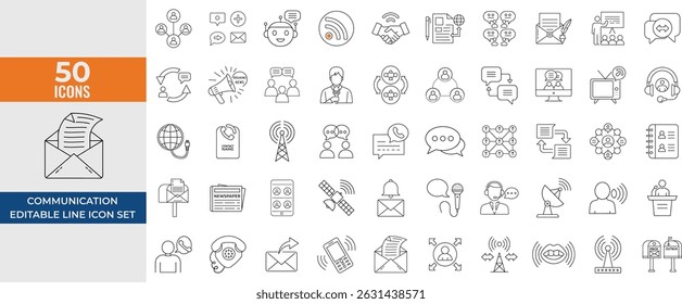 Communication Icon Set – Editable Line Icons for Phone, Mail, Chat, Contact, Website, Satellite, Radio, Antenna, Message, Connection and News Vector Illustration