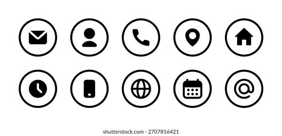Kommunikationssymbolsatz. E-Mail, Benutzer, Telefon, Ort, Haus und andere solide Symbole in fettgedruckten Kreis-Vektorgrafik. Kommunikationsschnittstellenelement-Vorzeichen. Modernes Piktogramm für die Web-Navigation.