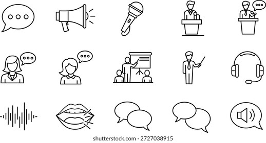 Conjunto de iconos de comunicación. Con micrófono, megáfono, burbuja de discurso, presentador, podio, auriculares y símbolos de ondas de sonido