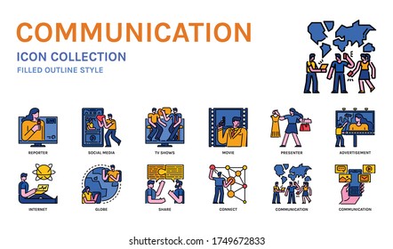 Communication icon set, filled outline style. For applications, website, infographic, ads, etc.
