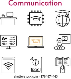communication icon set. included chip, audiobook, desktop, laptop, teacher, e-book, test, school, doc icons. linear styles.