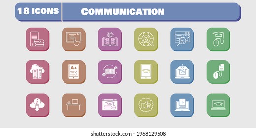 communication icon set. included like, learn, touchscreen, learning, login, click, cloud, feedback, online shop, ereader icons on white background. linear, filled styles.