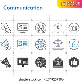 conjunto de iconos de comunicación. incluye megáfono, tienda en línea, como, íconos de internet sobre fondo blanco. estilos lineales, bicolores, rellenos.