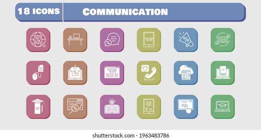 communication icon set. included megaphone, smartphone, learn, learning, touchscreen, login, click, cloud, feedback, online shop icons on white background. linear, filled styles.