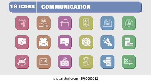 communication icon set. included megaphone, newsletter, smartphone, learn, learning, touchscreen, feedback, online shop, ereader icons on white background. linear, filled styles.