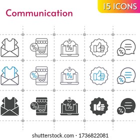 communication icon set. included newsletter, online shop, like, chat icons on white background. linear, bicolor, filled styles.