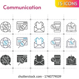 communication icon set. included online shop, newsletter, internet icons on white background. linear, bicolor, filled styles.
