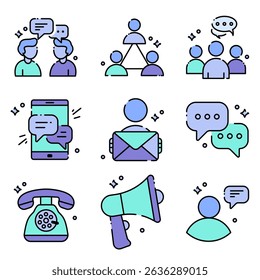 communication icon set, including people talking, group discussions, chat bubbles, mobile messaging, email, phone call, loudspeaker, and user interaction symbols. icon sheet.