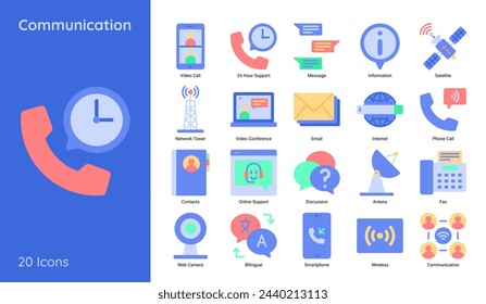 Conjunto de iconos de comunicación que incluye videollamada, correo electrónico, Internet, llamada de teléfono y más en estilo plano