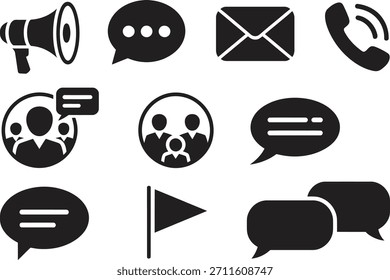 Conjunto de iconos de comunicación. Megáfono, Mensaje, Correo Electrónico, Teléfono. Silueta empresarial y social