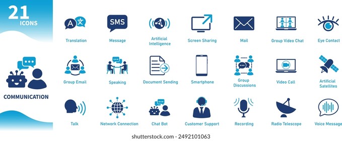 Communication icon. Set of messaging, chat, speaking, communication, translation, connection, video call icons. Solid vector icon