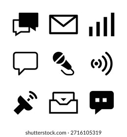 Conjunto de iconos de comunicación para mensajes, contactos, chat y símbolos de redes sociales.