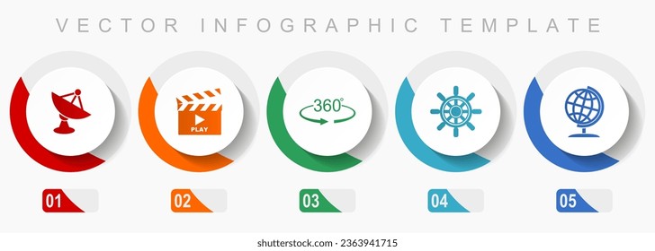 Communication icon set, miscellaneous icons such as satellite antenna, cinema, 360 degree, ship wheel and globe, flat design vector infographic template, web buttons in 5 color options