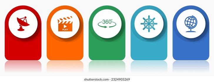 Communication icon set, miscellaneous vector icons such as satellite antenna, cinema, 360 degree, ship wheel and globe, modern design infographic template, web buttons in 5 color options