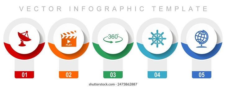 Communication icon set, miscellaneous vector icons such as satellite antenna, cinema, 360 degree, ship wheel and globe, modern design infographic template, web buttons in 5 color options